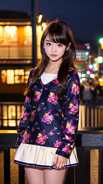 Girl with a flamboyant appearance and rebellious attitude, Japanese yankee, lone girl, bright and loud patterned clothes, extremely short skirt, gal style with emphasis on cuteness, light brown hair, thick eyeliner and flashy colored eye shadow, false eyelashes to make eyes look bigger and more impressive, dark makeup all around Hakodate seaside townscape background, evening, sunset