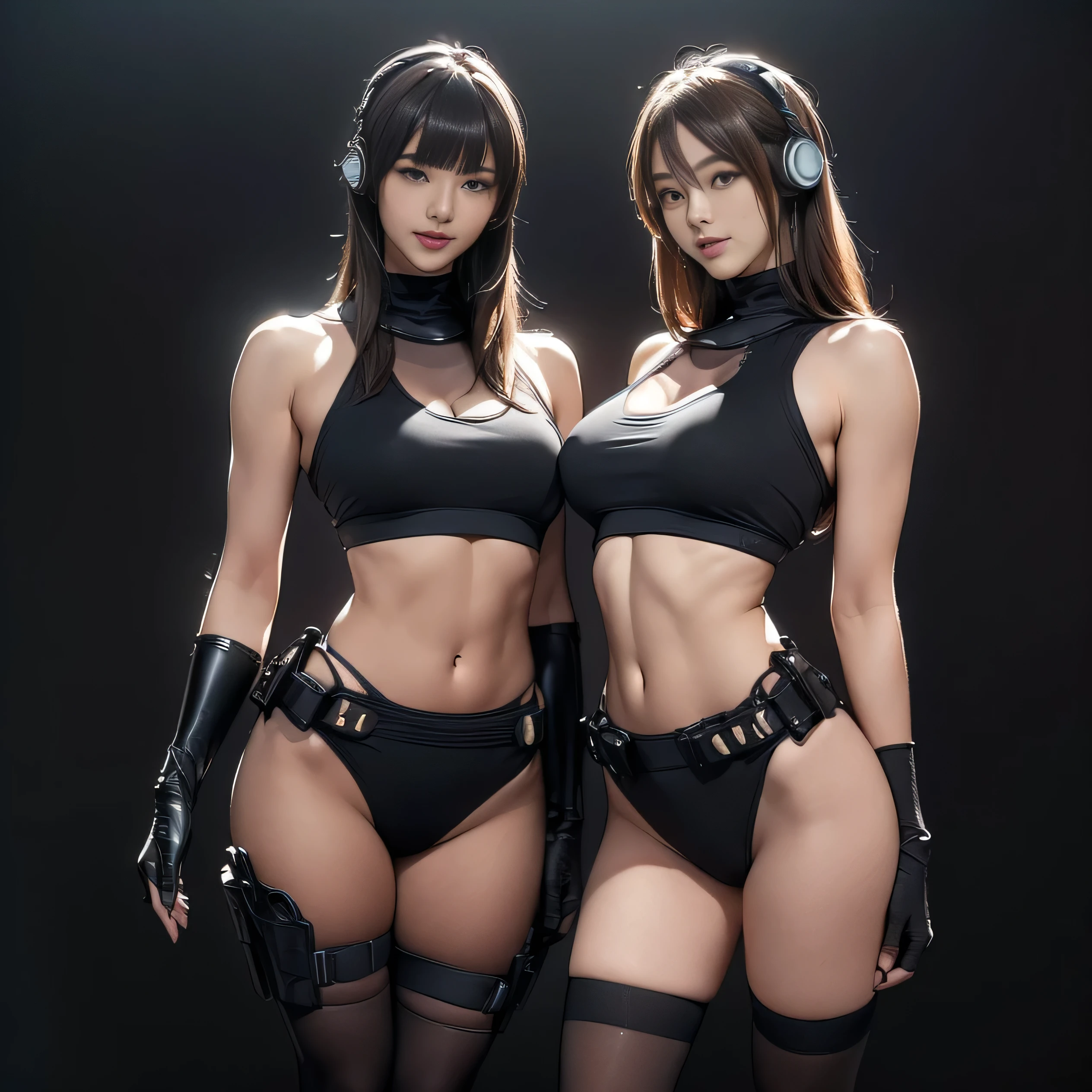 (Two Women),(((Women standing side by side:1.5))),((Black tactical tights:1.5)),((Black headphones:1.5)),((Black Tactical Holster:1.5)),(Black Gloves:1.5),((Wearing the same:1.5)),(Smile:1.5),(beautiful eyes:1.3),(Very detailedな顔:1.5),((Very detailed drawing of a female hand:1.5)),((muscular:1.5)),(Sexy appearance:1.5),((Thick thighs:1.5)),(Beautiful Body:1.5),((Very sensual:1.5)),(Background is the city:1.5),(((Blurred Background:1.5))),(Written border depth:1.5),rest(((masterpiece:1.5),(best quality:1.5),(Very detailed:1.5),(high resolution:1.5),(Practical:1.5),(Practical:1.5),(Delicate depiction),(Carefully drawn))),8k,wallpaper