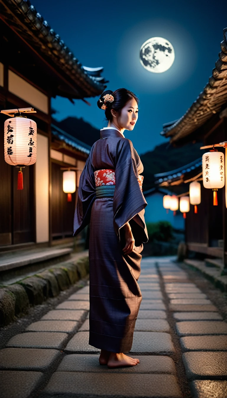 A breathtakingly realistic Japanese yokai, Rokurokubi wanders the night, stretching its neck to an incredibly long length, bathed in the light of a full moon. The human figure is dressed in a traditional kimono, its face holding a calm, almost serene expression. In the background is a quiet old Japanese village, filled with dimly lit lanterns and a sense of quiet unease. Taken with a Nikon Z9 full-frame mirrorless camera and a Zeiss Otus 85mm f/1.4 lens, this low-angle shot highlights the Jorogumo's eerie presence and exquisite detail. Set in a dimly lit ancient room, the bluish natural light casts eerie shadows and enhances the terrifying atmosphere. The image is rendered in an astounding 16K resolution, meticulously graded in ACES color space with muted tones, giving it a cinematic, chilling tone. The compositions are meticulously crafted to be free of imperfections and distractions, resulting in flawless, spine-chilling images that push the boundaries of photorealism.