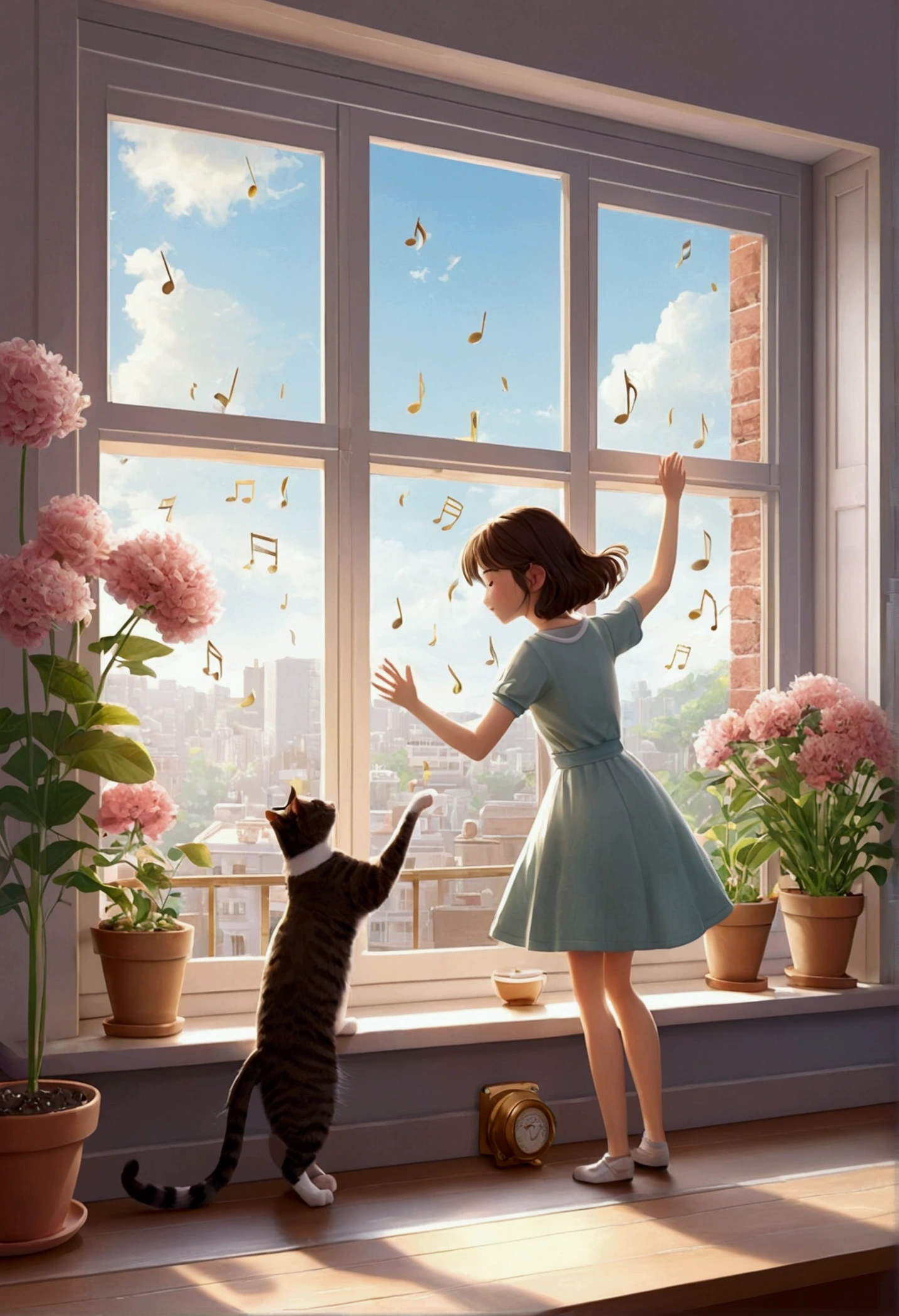 Table Top, Top Quality, Table Top, Top Quality, Official Art, Highly Detailed CG Unity 8K Wallpaper, Subtle Retro Colors, Rice Print Style, Illustration, Cute, One Girl, Flowers, Window, Flowerpot, Coffee Drink,. Lots of illustrations of musical notes on the windowsill.cat,dancing girl，Illustration of musical notes on the windowsill，girl and cat dance