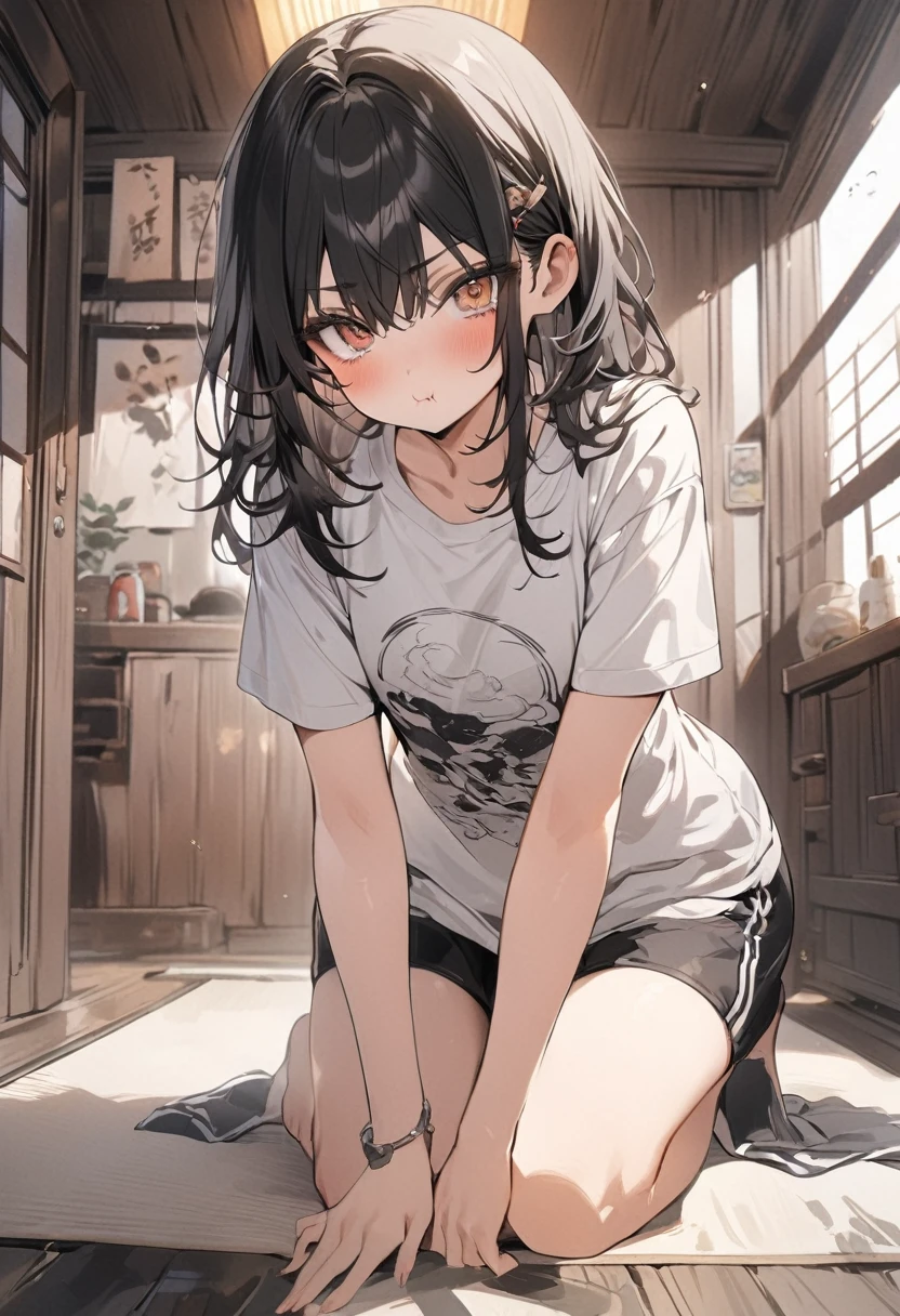 Full body, one dowdy t-shirt, masterpiece, hot look, 8K picture quality, black hair pout, cute, talebearing eyes like in Japanese anime.