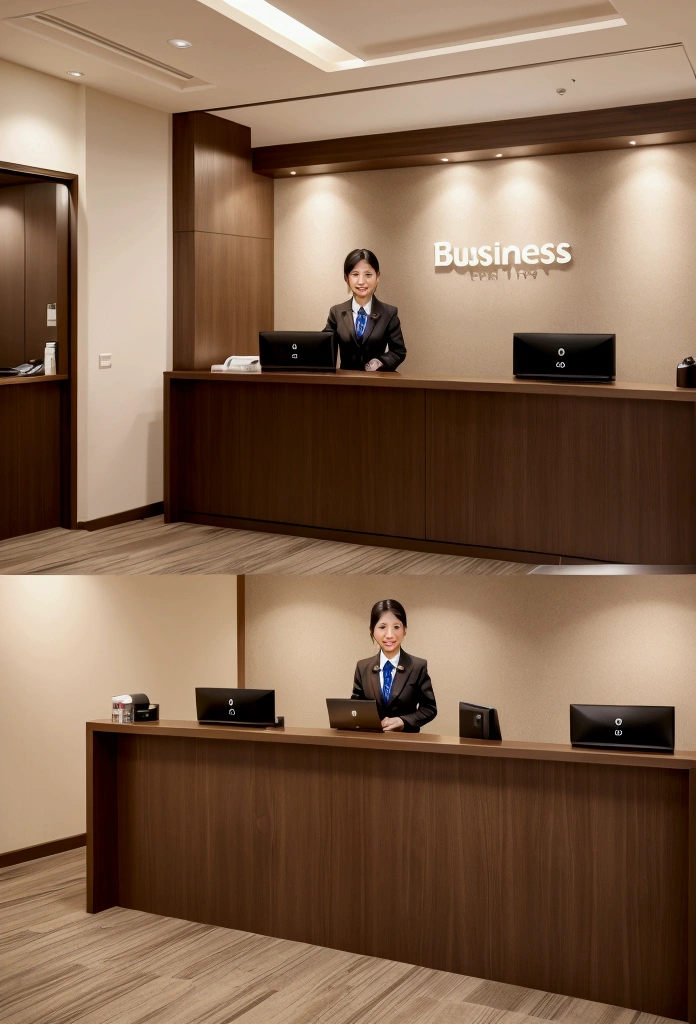 Business hotel front desk。Simple and modern design。On a wooden counter、Computers and phones are neatly arranged。Staff wear formal uniforms、Welcoming customers with a smile。The lobby has comfortable chairs and tables.、Business guests relaxing。The lighting is bright and functional.、Overall it is clean。