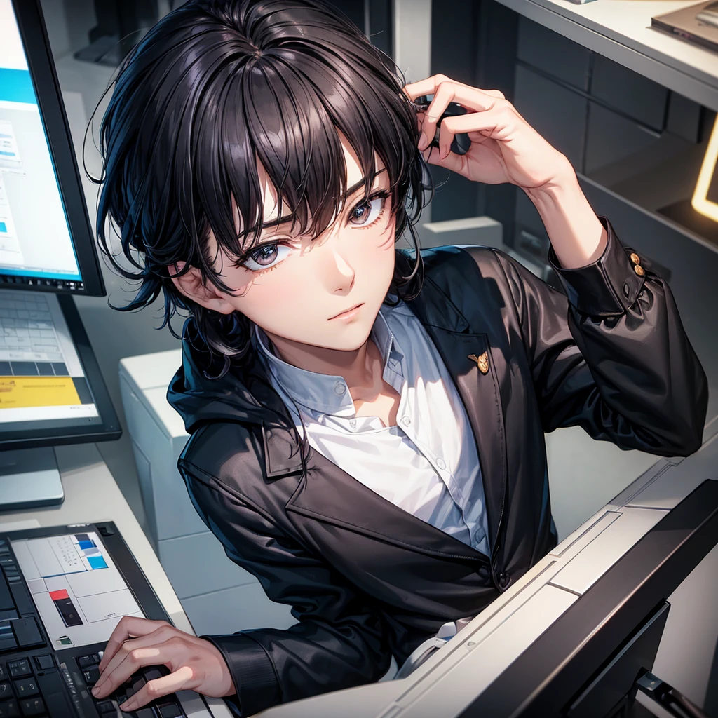An exquisite, anime-inspired portrait of a stylish and sophisticated male businessman. He dons a black hoodie and sits confidently behind his sleek laptop and desktop, immersed in a minimalist office space bathed in neon light. A striking close-up of his handsome face takes up a third of the frame, with a high-quality audio microphone positioned near his mouth. The background features the YouTube play button and diamond play buttons and silver play button and golden play button and.the wall branding of "NAQITUBE". The image is rendered in stunning 8K resolution, capturing the character's poise and professionalism through minimalism, flat illustration, and bold lines, evoking the essence of gouache artistry.