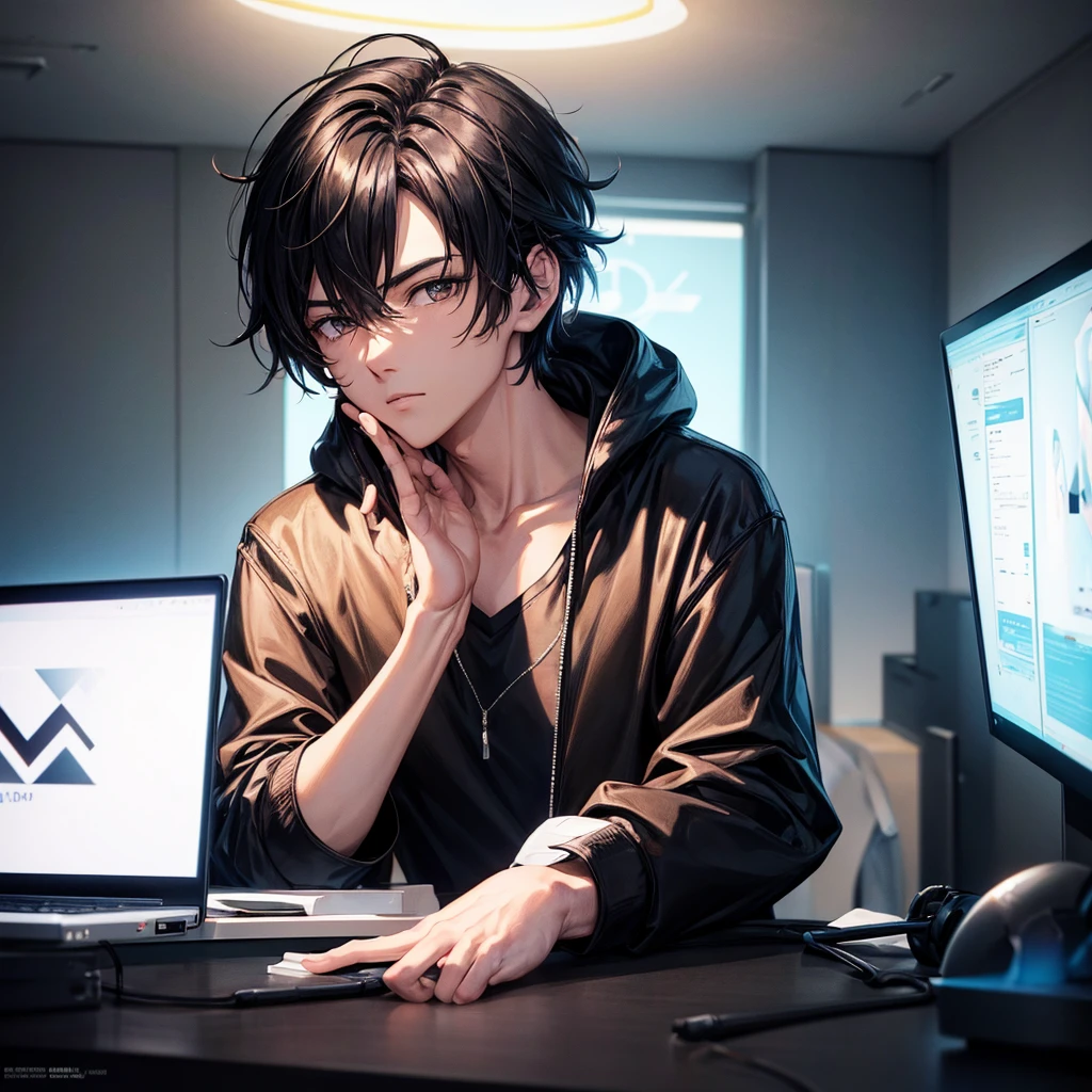 An exquisite, anime-inspired portrait of a stylish and sophisticated male businessman. He dons a black hoodie and sits confidently behind his sleek laptop and desktop, immersed in a minimalist office space bathed in neon light. A striking close-up of his handsome face takes up a third of the frame, with a high-quality audio microphone positioned near his mouth. The background features the YouTube play button and diamond play buttons and silver play button and golden play button and.the wall branding of "NAQITUBE". The image is rendered in stunning 8K resolution, capturing the character's poise and professionalism through minimalism, flat illustration, and bold lines, evoking the essence of gouache artistry.