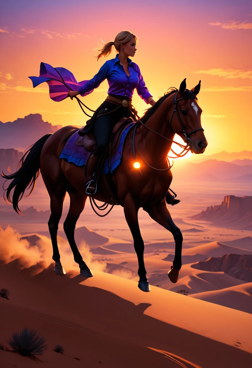 an oil painting of woman cowboy riding a horse on the desert mountain at sunset, watching the desert canyon, an exquisite beautiful woman, most beautiful woman, blond hair, long hair, in a pony tail, ultra detailed face, best detailed face, wearing blue button shirt, small cleavage, wearing black trousers, dynamic color, wearing high heeled boots, (silhouette art: 1.3), she has a (lasso: 1.1) sun set, sun rays, sky in shades of purple, red, orange and yellow. vibrant colors of sky, Hyperrealism style, vibrant, Ultra-high resolution, High Contrast, (masterpiece:1.5), highest quality, Best aesthetics), best details, best quality, highres, ultra wide angle, 16k, [ultra detailed], masterpiece, best quality, (extremely detailed) RAW, chumbasket art style, oil painting, silhouette
