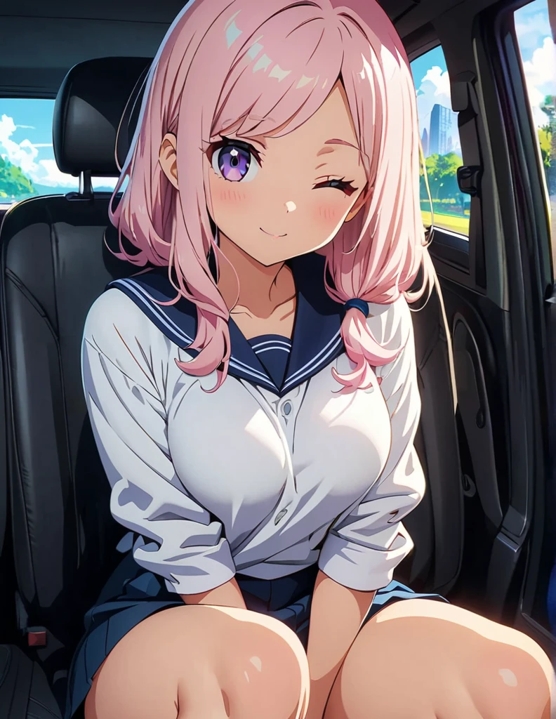 (anime artwork, anime style, studio anime, very detailed, up to date, vibrant, Anime Coloring, high contrast, masterpiece:1.2, best quality, best aesthetics),1 girl,hug from behind, Medium chest, A glimpse of thighs,random hair, One eye is hidden by the bangs, perfect proportions, high detail skin, Cute, detailed faces, precise fingers,curvy,in the car, front passenger's seat