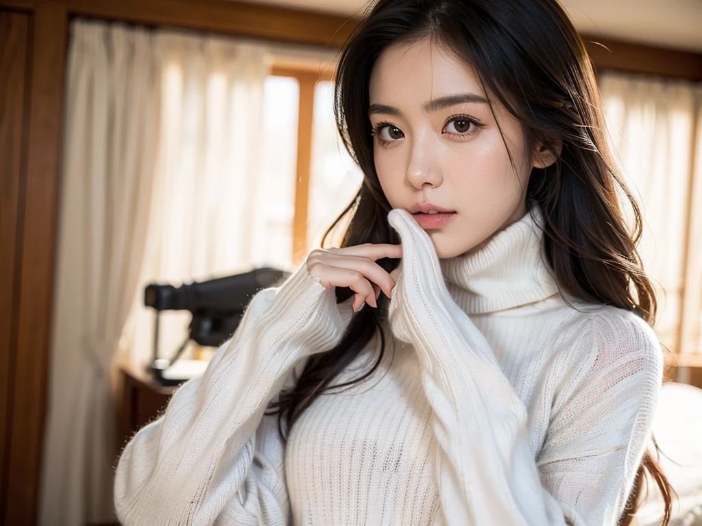 (((masterpiece, best quality,ultra-detailed,8k,high resolution))), (upper body),24 years old ,Japanese girl, 1girl, short hair,turtleneck sweater,(((grabbing turtleneck collar))), (Half a face out of a turtleneck sweater:2),(((long turtleneck)))