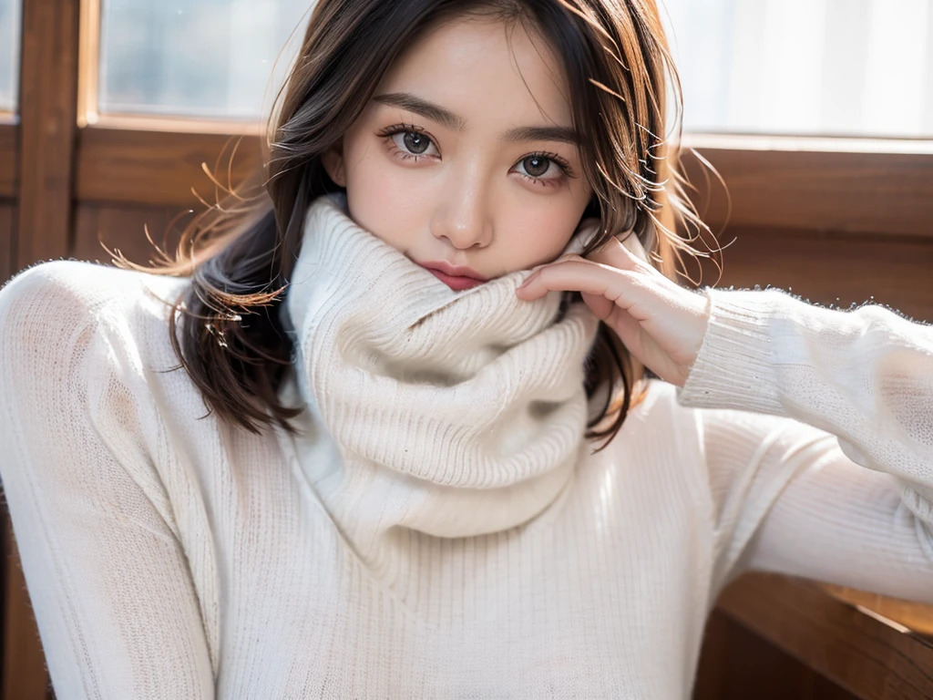 (((masterpiece, best quality,ultra-detailed,8k,high resolution))), (upper body),24 years old ,Japanese girl, 1girl, short hair,turtleneck sweater,(((grabbing turtleneck collar))), (Half a face out of a turtleneck sweater:2),(((long turtleneck)))