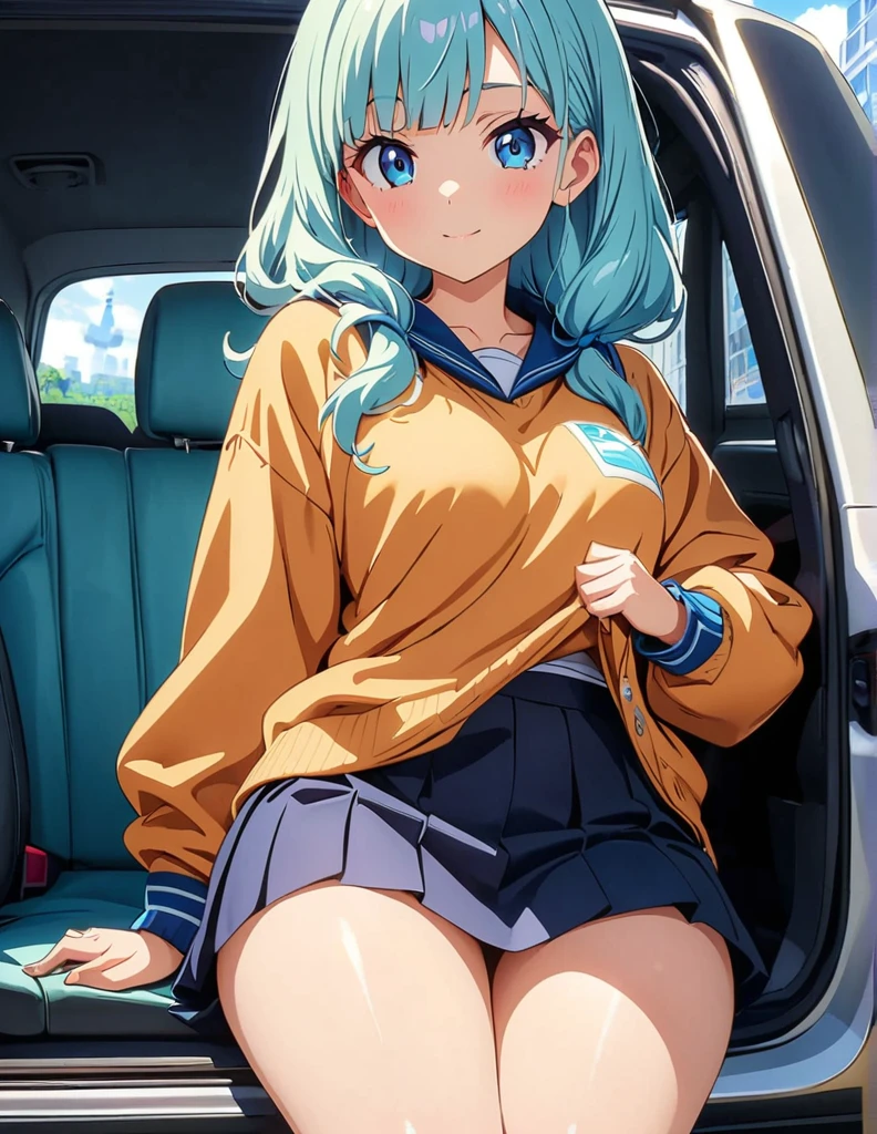 (anime artwork, anime style, studio anime, very detailed, up to date, vibrant, Anime Coloring, high contrast, masterpiece:1.2, best quality, best aesthetics),1 girl,hug from behind, Medium chest, A glimpse of thighs,random hair, One eye is hidden by the bangs, perfect proportions, high detail skin, Cute, detailed faces, precise fingers,curvy,in the car, front passenger's seat