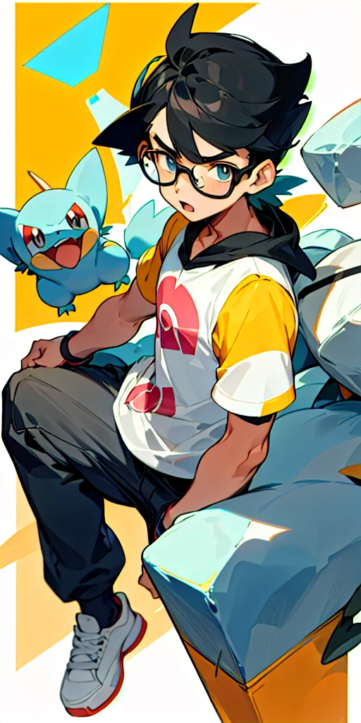 boy, short black hair, chubby cheeks, rectangle glasses, Pokemon trainer, rock type pokemon trainer, realiziation expression, anime style, light skin