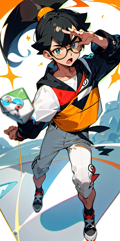  boy, short black hair, chubby cheeks, rectangle glasses, Pokemon trainer, rock type pokemon trainer, realiziation expression, anime style, light skin