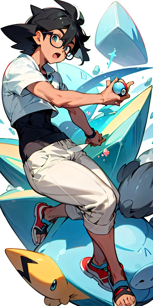 boy, short black hair, chubby cheeks, rectangle glasses, Pokemon trainer, rock type pokemon trainer, realiziation expression, anime style, light skin