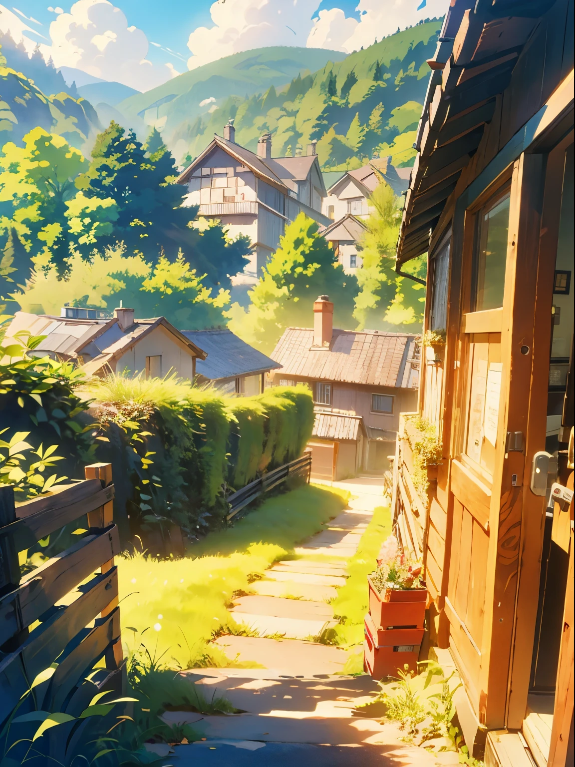 A grassy hill,There is a wooden fence on the hill, Studio Ghibli movie stills, Studio Ghibli movie stills, Anime rural scenery, Movies from Studio Ghibli, Studio Ghibli anime screenshots, View of Ghibli Studio, Studio Ghibli's fluid concept art, Studio Ghibli Environment, Studio Ghibli stills, Miyazaki's style, In Studio Ghibli animations, Studio Ghibli Sunshine, 4k HD,, Beautiful art UHD 4K, A beautiful artistic illustration, Beautiful digital painting, Highly detailed digital painting, Beautiful digital artwork, Detailed painting 4k, Highly detailed digital painting, The colors are brilliant and rich, Gorgeous numbers
