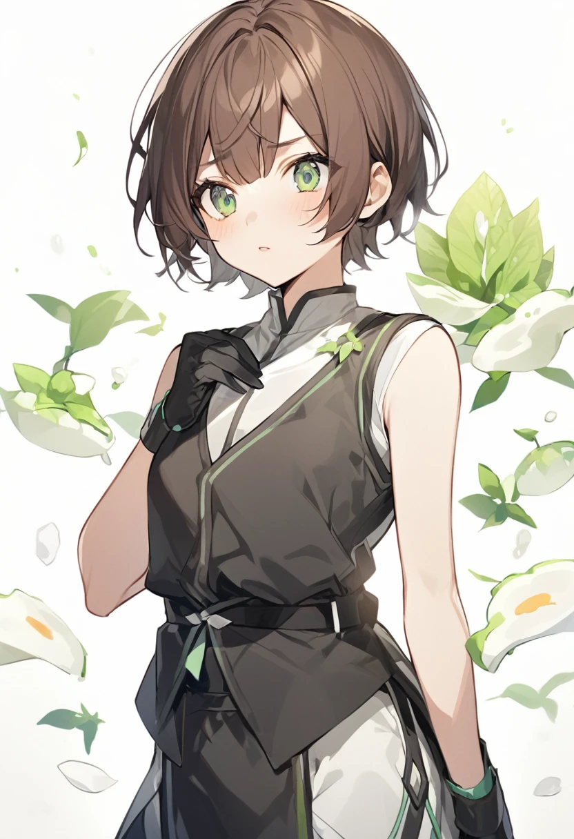 （One girl）、((short hair))、right brown hair、((boyish))、((Dairy-free))、(Healer)、Black Vest、black leggings、White sleeveless、black gloves、say、green eye、arm behind back、White Background、