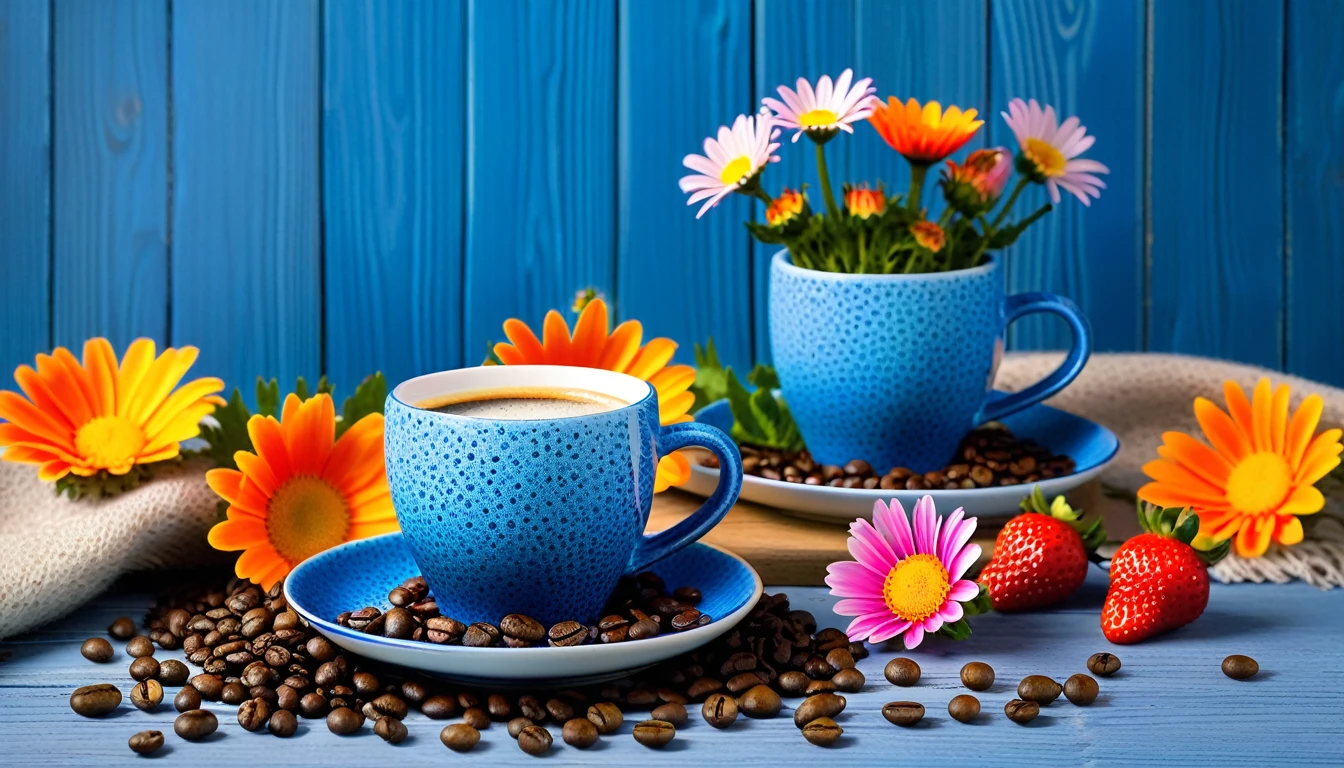 Create an image featuring two blue ceramic cups with a speckled design, one placed on a saucer. The cups are set on a blue wooden surface surrounded by many vibrant orange and pink daisy-like flowers, some in full bloom while others are buds. Scattered around the cups are fresh strawberries and coffee beans, adding to the rustic and cozy atmosphere. In the background, there's a blurred effect that suggests more of these colorful flowers and wooden blue background, all bathed in warm lighting that gives the scene an inviting glow.