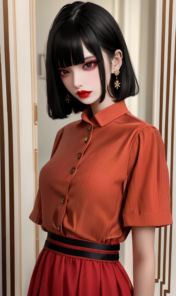 masterpiece, best quality, 32k, insane details, intricate details,
1girl, fashion photography, in style of angura keihime - cut, straight hairin a minimalist Misasakan roomhigh-wistskirtcllaredshirtshort hairstripedblunt bangs
A mature facesideways glance, (cold attitude,eyeshadow,eyeliner:1.1),(red lips:1.5), (Mole under eye:1.0),hand in pocketflower
