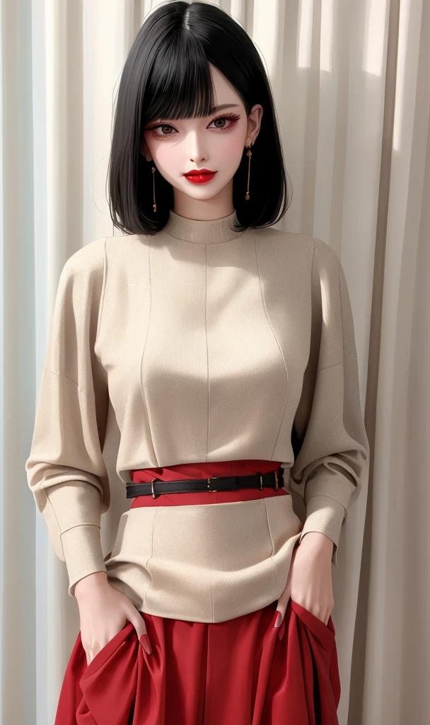 masterpiece, best quality, 32k, insane details, intricate details,
1girl, fashion photography, in style of angura keihime - cut, straight hairin a minimalist Misasakan roomhigh-wistskirtcllaredshirtshort hairstripedblunt bangs
A mature facesideways glance, (cold attitude,eyeshadow,eyeliner:1.1),(red lips:1.5), (Mole under eye:1.0),hand in pocketflower

