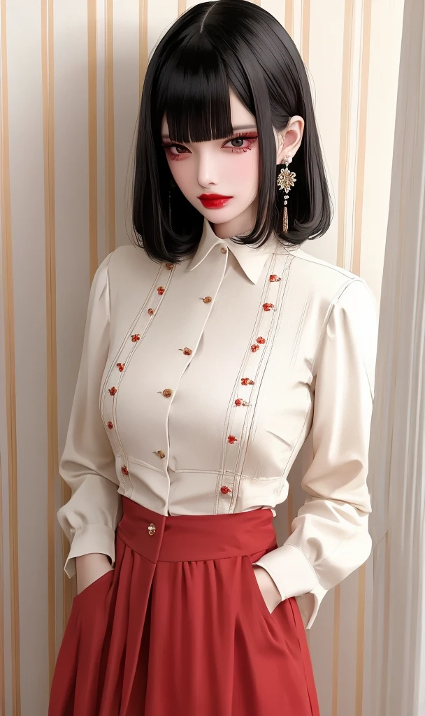 masterpiece, best quality, 32k, insane details, intricate details,
1girl, fashion photography, in style of angura keihime - cut, straight hairin a minimalist Misasakan roomhigh-wistskirtcllaredshirtshort hairstripedblunt bangs
A mature facesideways glance, (cold attitude,eyeshadow,eyeliner:1.1),(red lips:1.5), (Mole under eye:1.0),hand in pocketflower

