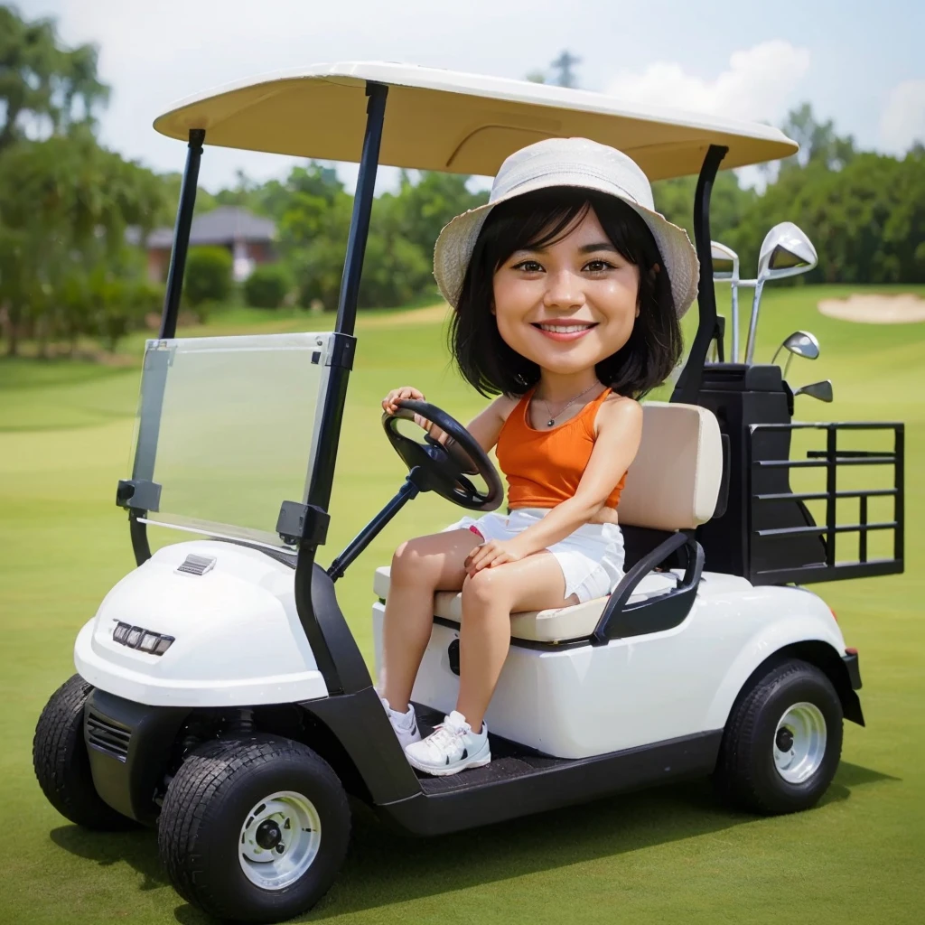 3D photo realistic caricature. a white golf car being driven by an ethnic Chinese woman in her 40s, straight, shoulder-length black hair without bangs, smiling face, wearing a white bucket hat, orange tank top and white shorts. background lapangan golf.