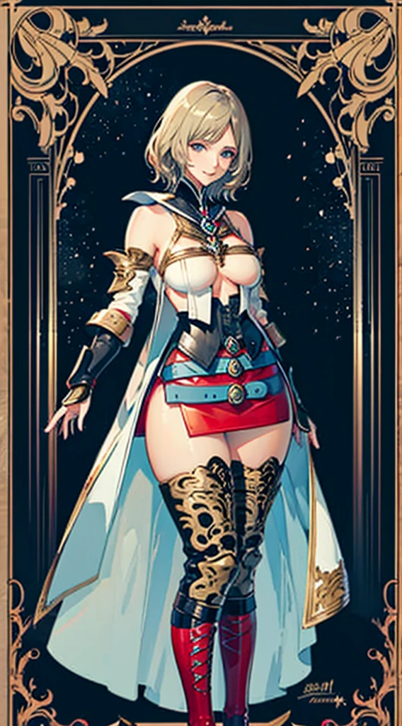 White background,S-curve, s line, (cowboy shot, masutepiece, of the highest quality, Official art, Beautiful and aesthetic:1.2), ighly detailed, Colorful, highest details, Illustrations, Everyday scenery, 1girl in, Solo, (large boob, Final Fantasy 12, Ashelia, shorth hair, short-hair, Ashelia Costume, Red mini skirt, thighs thighs thighs thighs, Zettai ryōiki,Gold and black thigh-high boots that cover up to the shin, jewely, BREAK,Blue belt, Number on one of the belts), Medieval fantasy, smile, doyagao, move chart, anime, Best Quality
