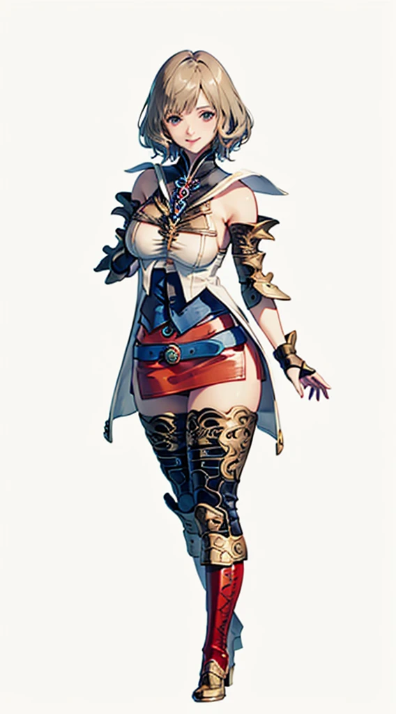 White background,S-curve, s line, (cowboy shot, masutepiece, of the highest quality, Official art, Beautiful and aesthetic:1.2), ighly detailed, Colorful, highest details, Illustrations, Everyday scenery, 1girl in, Solo, (large boob, Final Fantasy 12, Ashelia, shorth hair, short-hair, Ashelia Costume, Red mini skirt, thighs thighs thighs thighs, Zettai ryōiki,Gold and black thigh-high boots that cover up to the shin, jewely, BREAK,Blue belt, Number on one of the belts), Medieval fantasy, smile, doyagao, move chart, anime, Best Quality