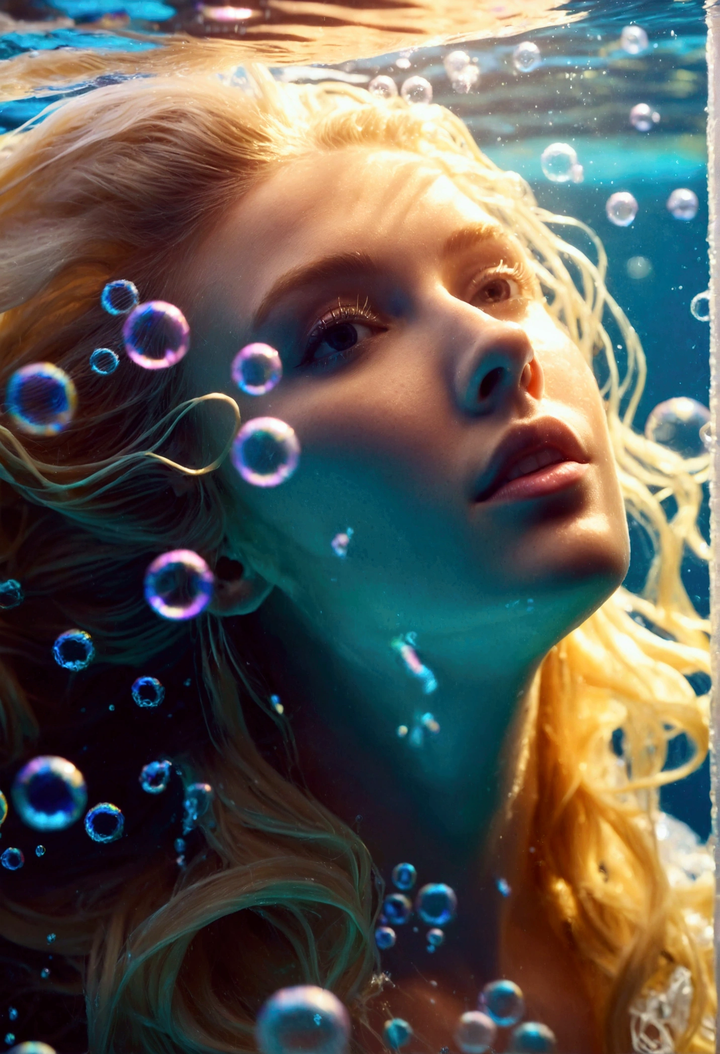 Beautiful underwater made of light, (Beautiful blonde woman made of light looking into underwater camera lens_hair floating on water, Amazing atmosphere surrounded by many bubbles in the water), (Realistic facial details, Floating along the hair flowing in the water), marine life shining underwater, high resolution, Close details, 8k,