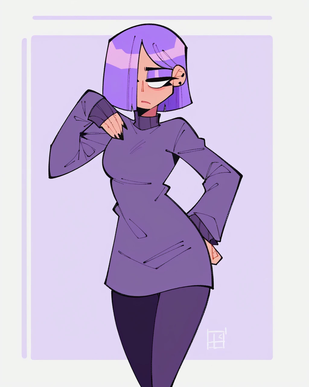 score_9, 1girl, female, (solo), standing, lily duolingo, purple hair, hair over one eye, sweater, pants, flat colors, no lineart,