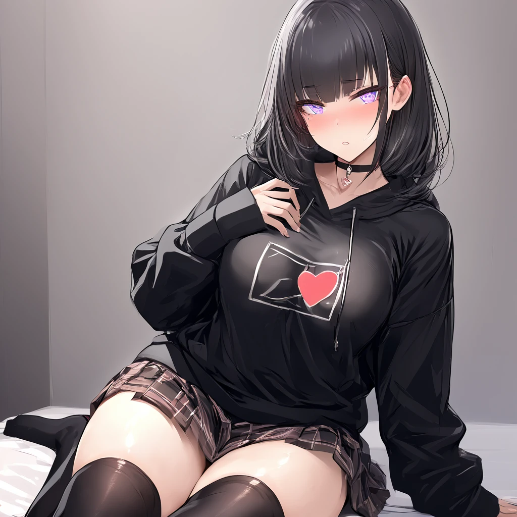 Masterpiece, Very detailed, Ultra-detailed, one beautiful woman, Beautiful woman - pleasant skin, Long platinum hair and bangs on the sides, bright heart eyes, big black hoodie, black thigh socks, skirt, choker necklace, 