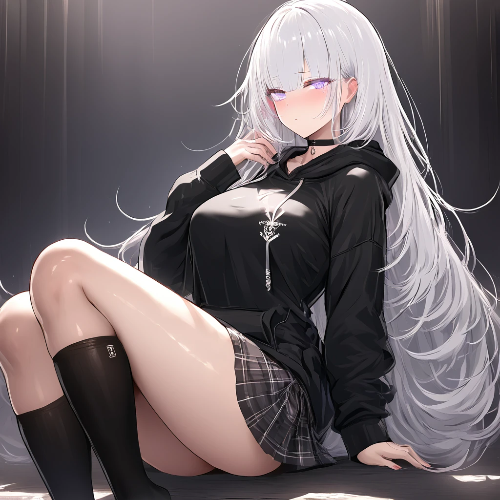 Masterpiece, Very detailed, Ultra-detailed, one beautiful woman, Beautiful woman - pleasant skin, Long platinum hair and bangs on the sides, bright heart eyes, big black hoodie, black thigh socks, skirt, choker necklace, 