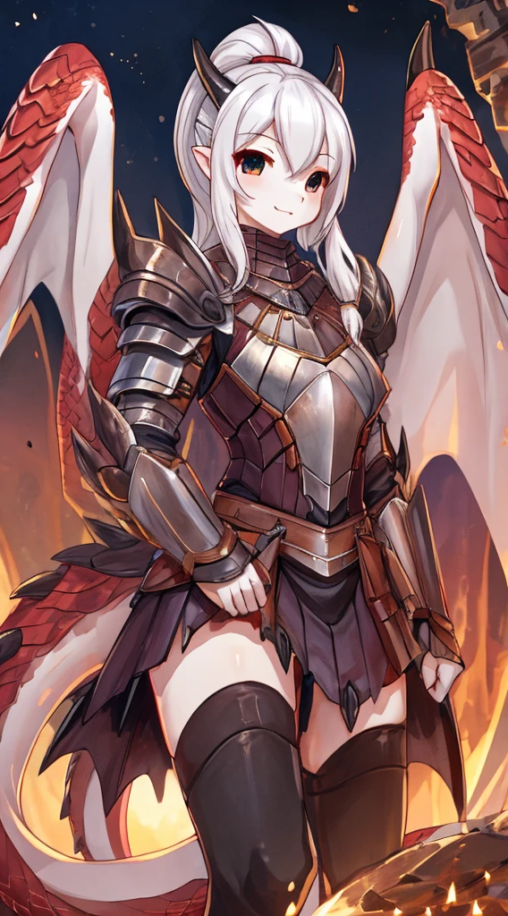 Dragon Girl，knight女孩，穿着knight铠甲的女孩，Breastplate，Skirt Armor，Arm Guard，Leggings，Bare thighs，丝绸Knee socks，Knee socks，White hair，Long hair，Single ponytail hairstyle，Dragon Horn女孩，Dragon Wings，Girl with wings，Dragon Horn，horn，巨Dragon Wings，White Wings，Dragon Tail，巨Dragon Tail，Long Tail，thick tail，Fat Tail，Smooth tail，White Tail，Scales，Scales衣服，knight，knight girl，Close-up above the waist，Upper body close-up，mature body