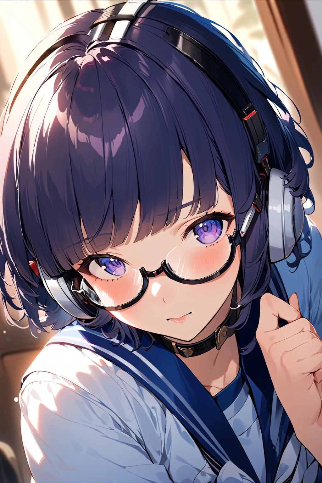 (extremely detailed fine touch:1.3), (((semi-rimless eyewear:1.3))), (headphone:1.2), short hair, blunt bangs, 1 girl, sailor suit, dark blue collar, white shirts, short sleeve, school,