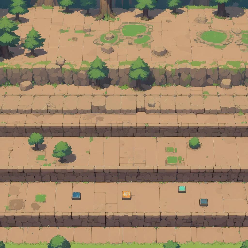 retro video game style,pixelated, vibrant pastel colors,8-bit characters,blocky shapes,sharp lines,detailed shading,classic gaming vibe,nostalgic atmosphere,classic arcade games,masterpiece:1.2,ultra-detailed,illustration style, 2d texture, stone texture, 4 k seamless mud texture, video game texture, dirt texture, tileset, game tiles, grass, 3/4th perspective trees, 3/4th perspective tileable rock texture, 3/4th perspective tileable cliff formations, tileable trees, topdown view, game texture, game art, tileable texture, very detailed cliff texture, intricate stones, top down view, 3/4th perspective, arena tiles, tiles, tileable tiles
