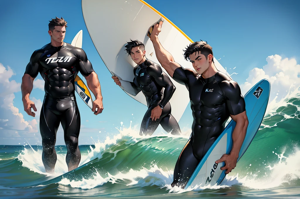 ((masterpiece, best quality, extremely detailed, highres, 8k, detailed face)),4boys,Four male surfers arm in arm, full body description, short black hair, university students