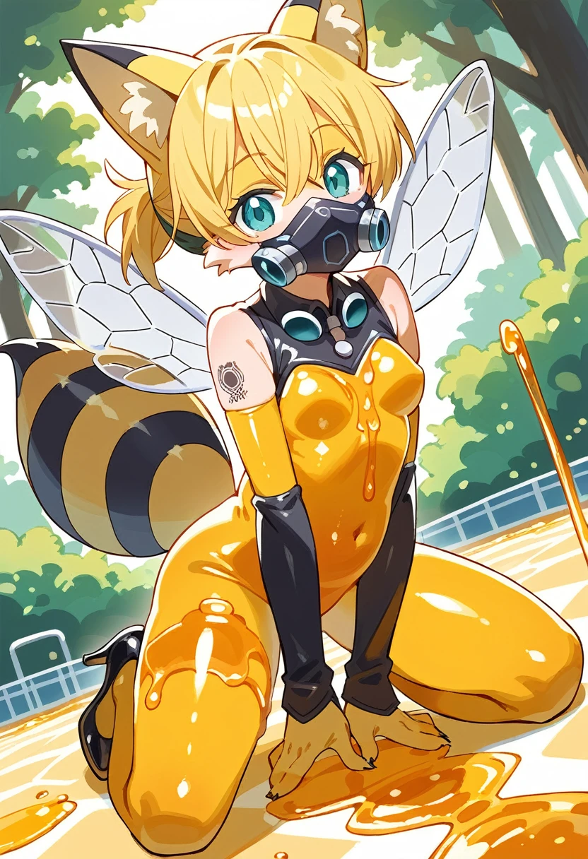 Highest quality, Highest quality, High quality illustrations, masterpiece, Ultra-high resolution, Detailed Background, honeycomb, in the forest, Absurd, Perfect Anatomy, performance, Good lighting, Shadows in the movies(kemono, Furry Personifi猫ion), fox, bee, Honey Skin, Honey Latex, Honey Rubber Suit, Honey Latexスーツ, Honey Lotion, beeスーツ, beeのコスチューム, beeのコスプレ, ゴム製のbeeのしっぽ, beeの羽, Bee wings, Honey Pool, Honey Lotionを浴びている, Covered entirely in honey slime, Kneeling, Tattoo, cyber punk, High heels, cyber punk, Rubber Mask, Dynamic Angle