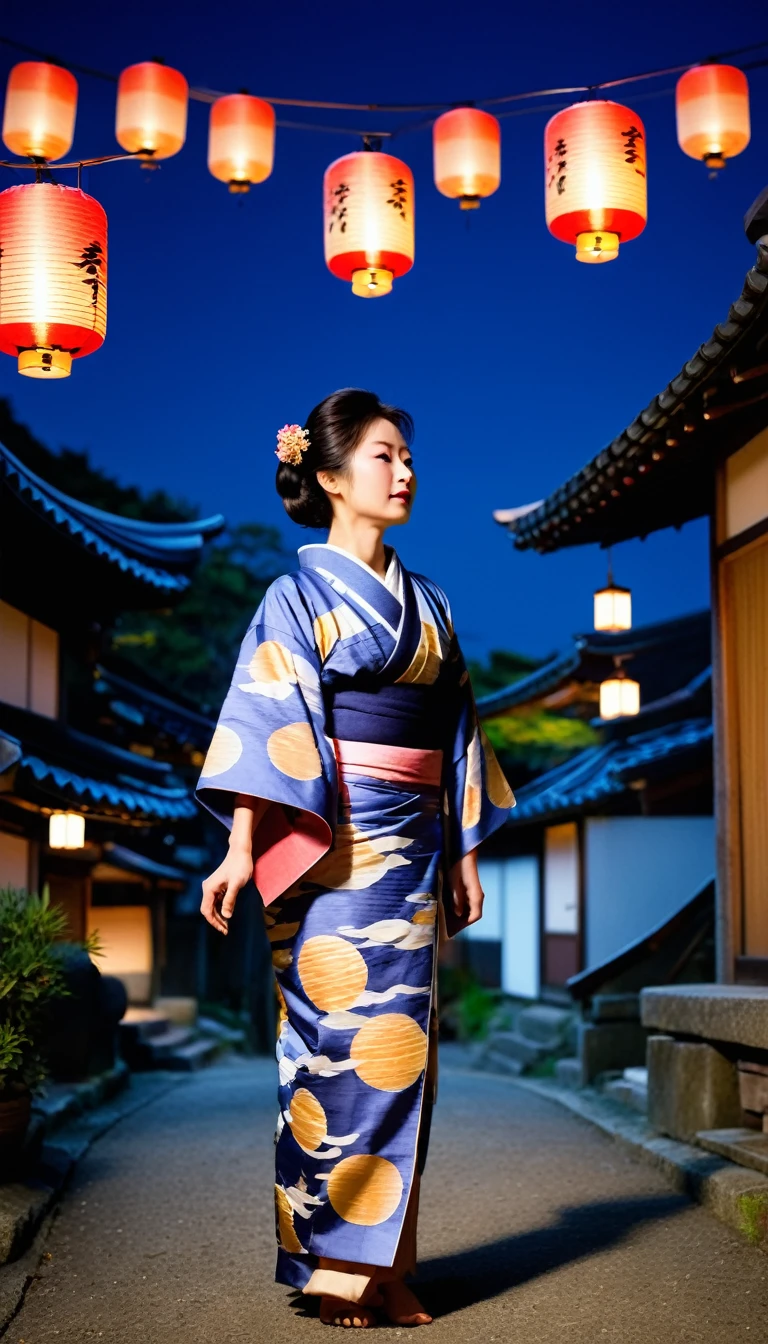 Illuminated by the light of a full moon, the female night-wandering yokai's neck is stretched to an impossibly long length. In human form and dressed in a traditional kimono, her face has a calm, almost equanimous expression. In the background is a sleepy old Japanese village, dimly lit by paper lanterns and exuding a sense of quiet unease.