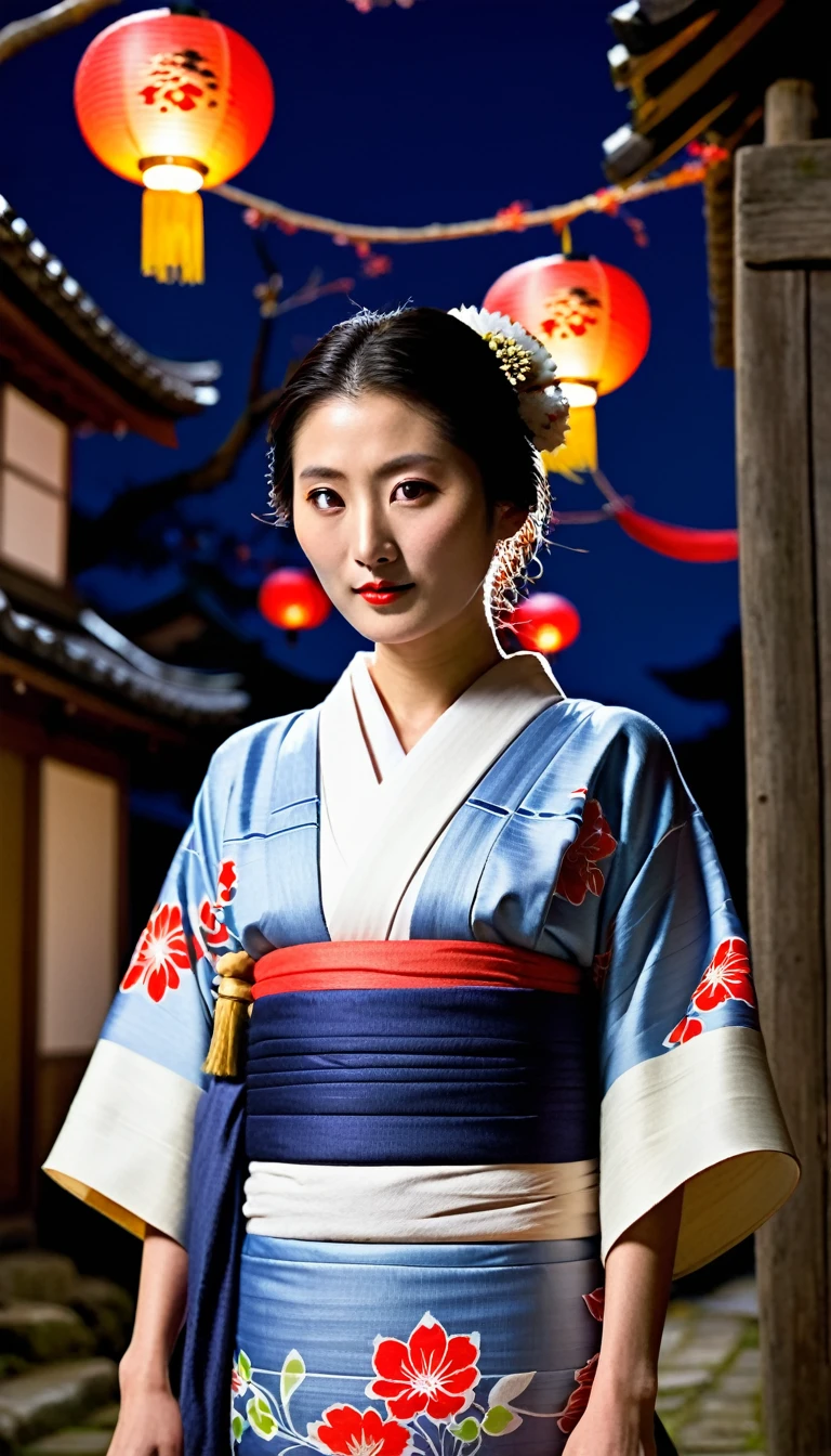 Illuminated by the light of a full moon, the female night-wandering yokai's neck is stretched to an impossibly long length. In human form and dressed in a traditional kimono, her face has a calm, almost equanimous expression. In the background is a sleepy old Japanese village, dimly lit by paper lanterns and exuding a sense of quiet unease.