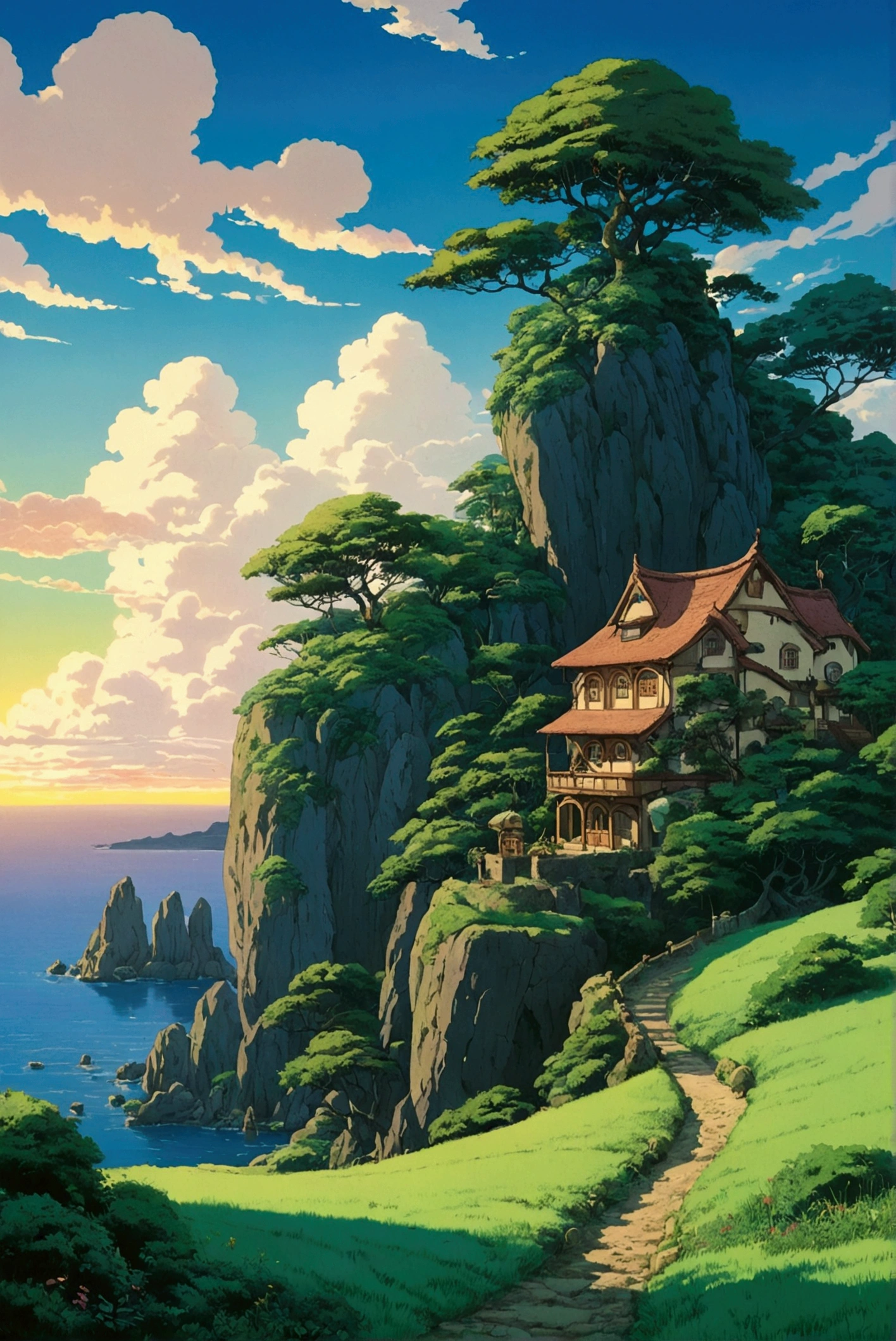 Studio Ghibli, Ghibli style, Ghibli Art, Hayao Miyazaki, Utopian Landscape、evening