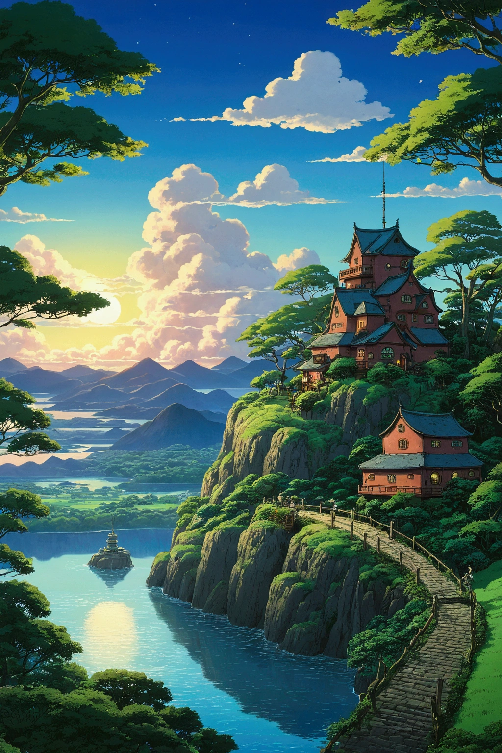 Studio Ghibli, Ghibli style, Ghibli Art, Hayao Miyazaki, Utopian Landscape、evening