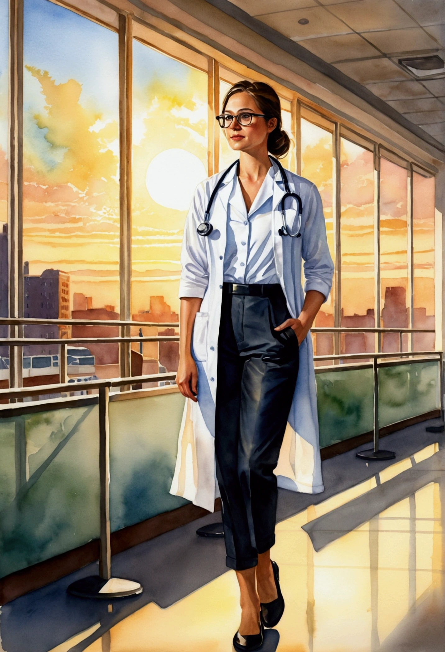 A captivating watercolor painting of a young, pretty lady exuding both intelligence and professionalism. She dons bold nerd glasses and a stethoscope draped around her neck. Her body-fitting white doctor's dress is complemented by black pants and leather shoes. Under a glass canopy in a hospital aisle, she stands during a mesmerizing late sunset. The sun's golden rays filter through, casting a warm light that highlights her body figure and accentuates her silhouette. This artwork masterfully captures her professionalism and beauty in a moment of serene tranquility.