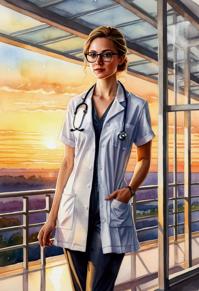 A captivating watercolor painting of a young, pretty lady exuding both intelligence and professionalism. She dons bold nerd glasses and a stethoscope draped around her neck. Her body-fitting white doctor's dress is complemented by black pants and leather shoes. Under a glass canopy in a hospital aisle, she stands during a mesmerizing late sunset. The sun's golden rays filter through, casting a warm light that highlights her body figure and accentuates her silhouette. This artwork masterfully captures her professionalism and beauty in a moment of serene tranquility.