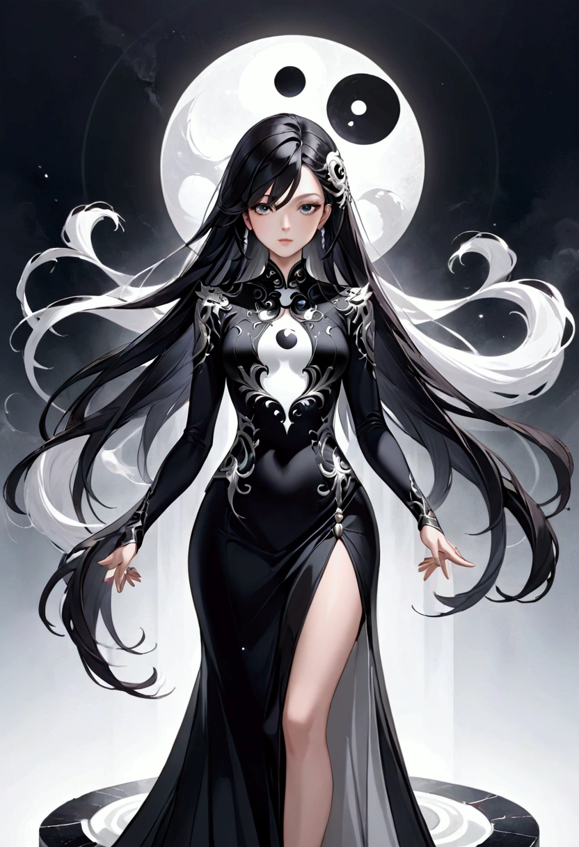Mature Girl with long black hair with silver highlight, dark onyx eyes,tall rectangular body figure,serious face, elegant dress, powerful ying  yang aura