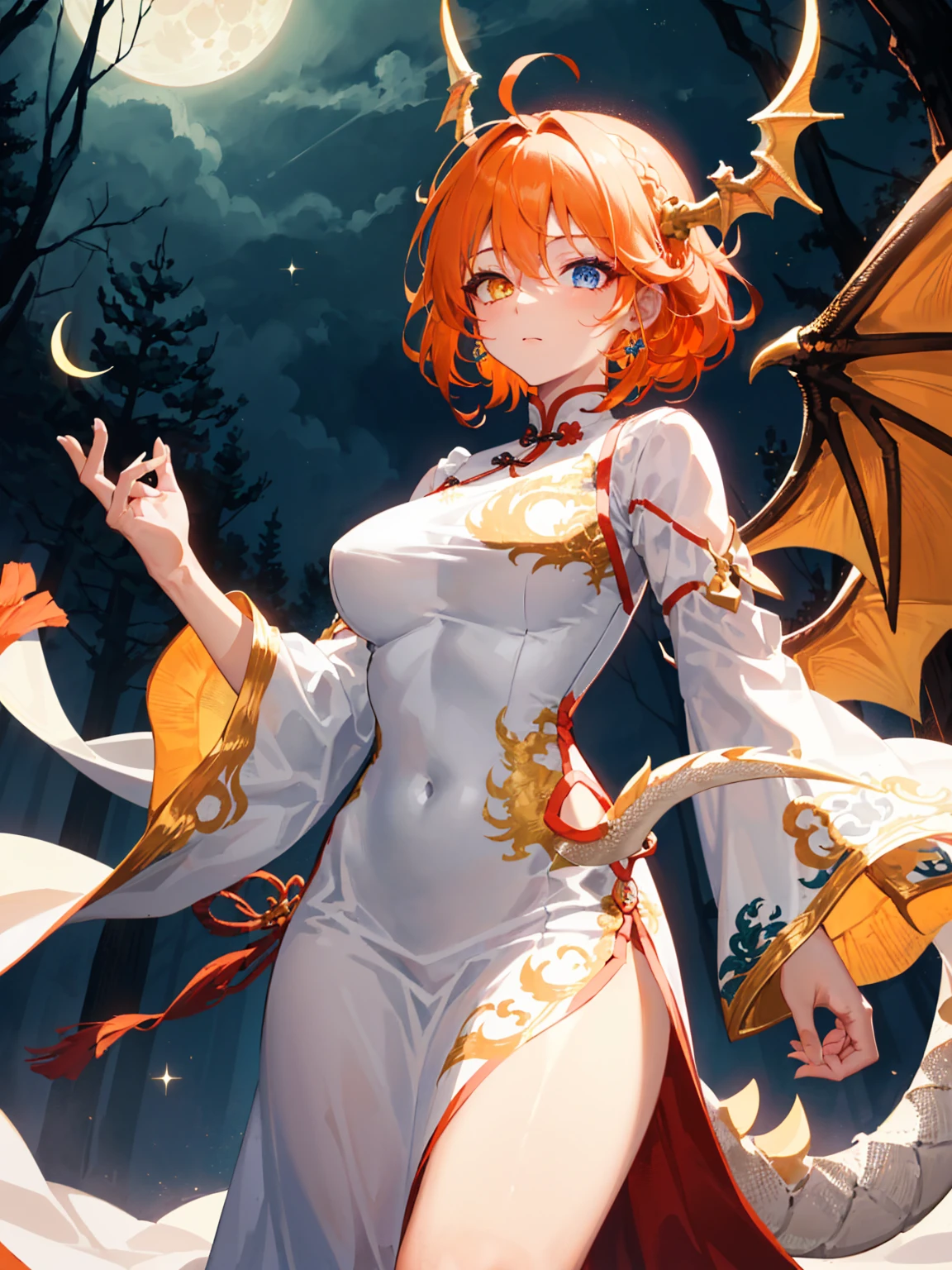 Princess (red-ish orange hair, wearing a long dress), perfect breasts, round breasts, background (forest, moon), Chinese dragon (one, five-clawed golden dragon, two wings), golden jewelry, white and golden clothes, (golden clothes:1), (white clothes:1.3), golden ornaments, elegant cutout, clothes cutout, revealing clothes, shiny silk, golden stripes clothes, detailed textures, (dragon clothes:1.3), detailed iris, sparkle eyes, star in eyes, enchanting golden eyes, (multicolored eyes), (shining dust), (heterochromia), (red-ish orange hair:1.3), (messy hair:1.3), (hair between eyes), (hair over one eye), (wavy hair:1.1), perfect hands, perfect fingers, perfect arms, perfect thighs
