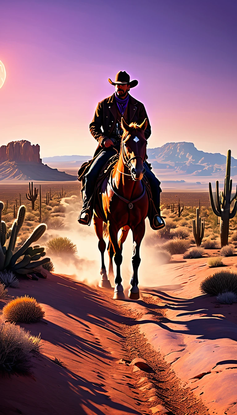 Hyper-realistic digital painting of a lone cowboy riding his horse into the sunset. The cowboy, dressed in a worn hat, leather chaps, and a rugged coat, casts a long shadow on the dusty trail. The sky is ablaze with shades of orange, pink, and purple, while the vast desert landscape stretches out in the background, dotted with cacti and rocky outcrops. The scene captures the solitude and timeless spirit of the Old West. Cinematic composition, trending on ArtStation.