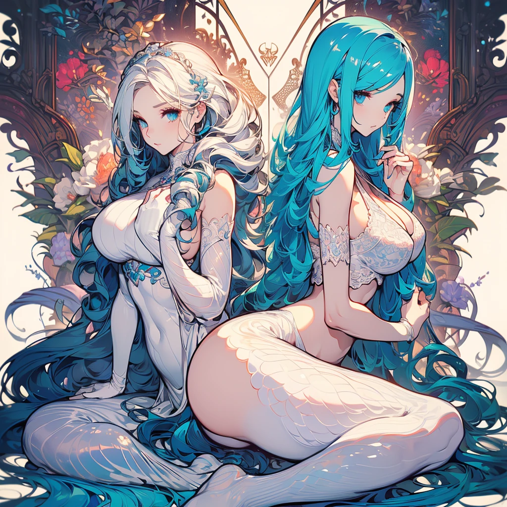 ((masterpiece, best quality)), Delicate face，Snake Woman，whole body，Perfect body proportions，Long legs，((Long wavy hair)), ((Half of her hair is white，The other half is cyan，Available in two colors))，beautiful eyes，Fantasy style，White background，transparent，Sex bikini，Lace，