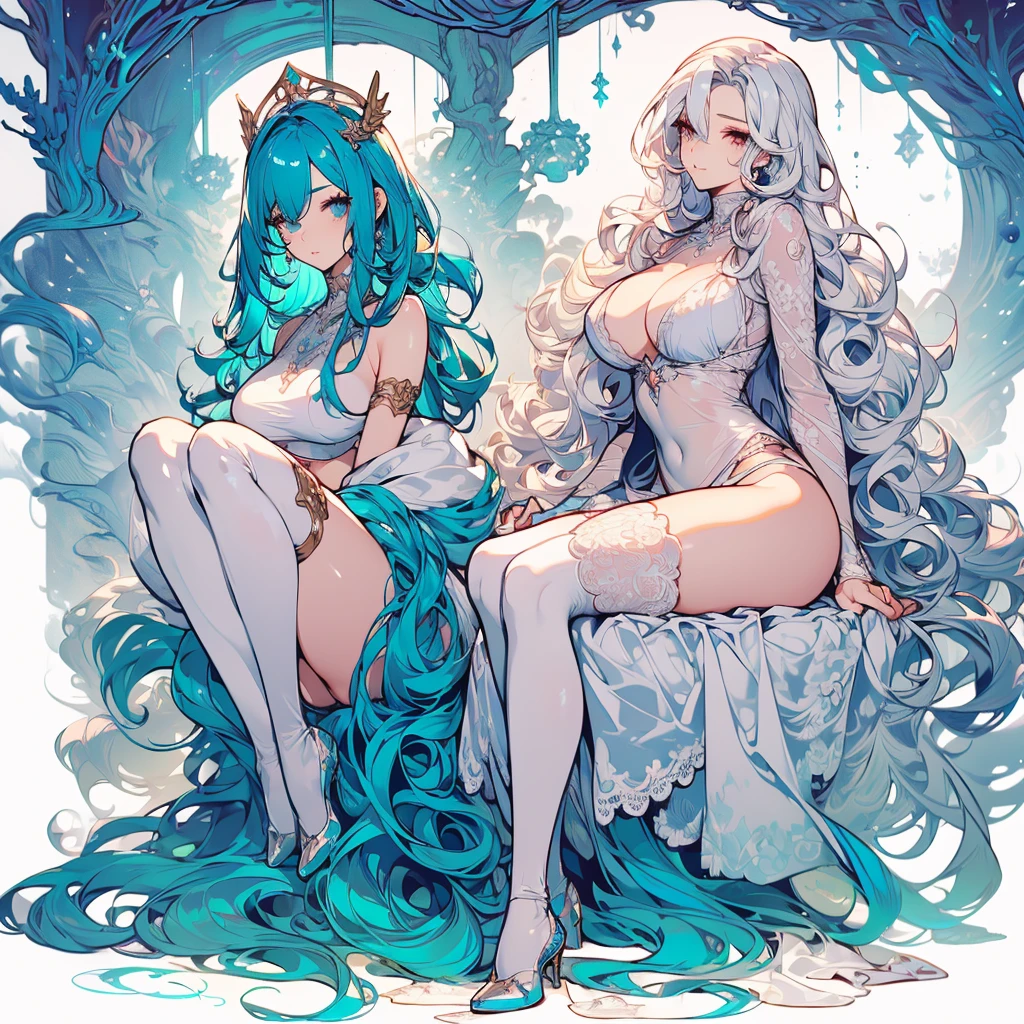 ((masterpiece, best quality)), Delicate face,Snake Woman,whole body,Perfect body proportions,Long legs,((Long wavy hair)), ((Half of her hair is white,The other half is cyan,Available in two colors)),beautiful eyes,Fantasy style,White background,transparent,Sex bikini,Lace,