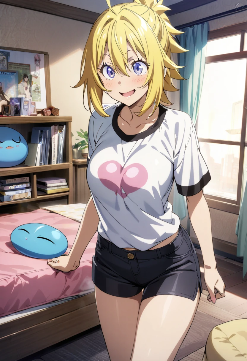 1girl, Luminous Valentine\(tensei shitara slime datta ken\), tensei shitara slime datta ken,shirt,shorts,room,masterpiece, best quality, absurdres,