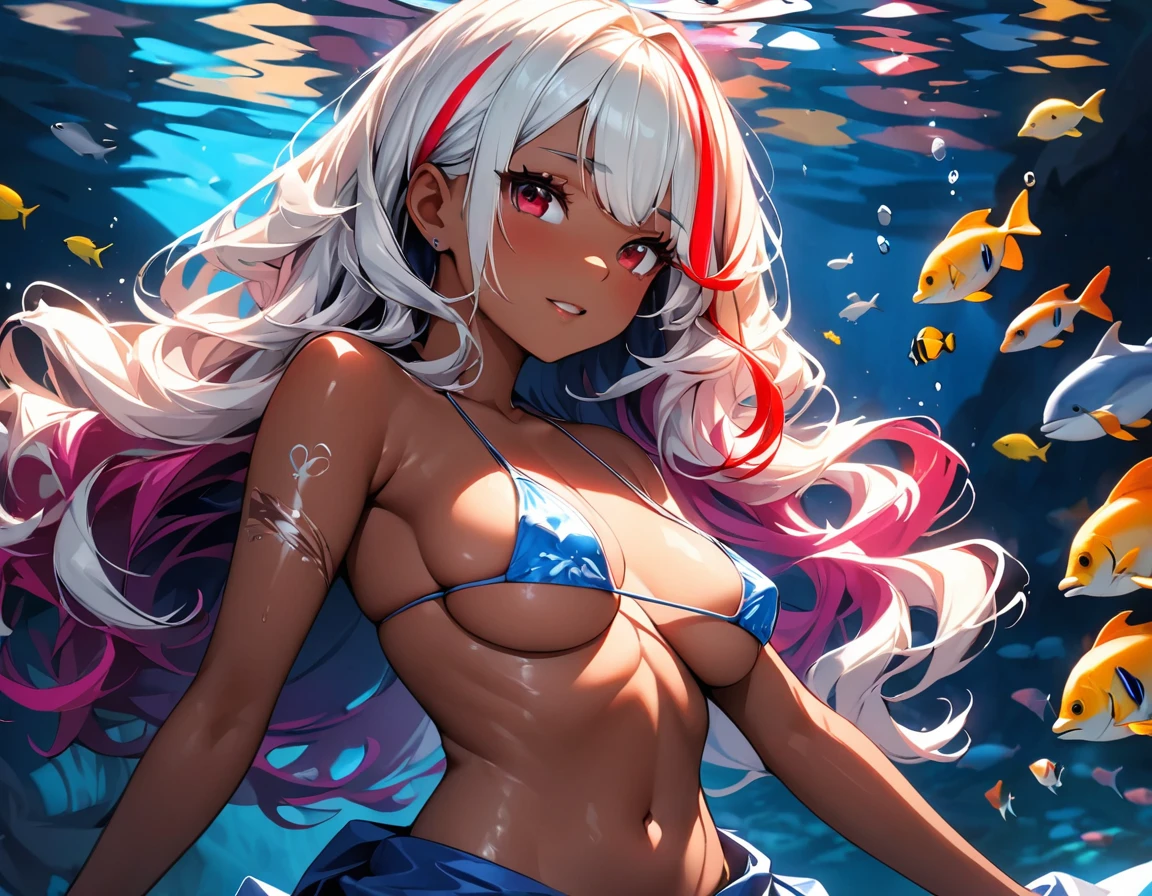 (highest quality:1.2, Very detailed, up to date, Vibrant, Ultra-high resolution, High Contrast, masterpiece:1.2, highest quality, Best aesthetics), Portraiture、girl、singer, solo, ((25-years-old:1)), (skin diving ,marine diving,underwater,in the aquarium,(swimming with dolphine and tropical fish)), Bright colors, Beautiful fine details、Beautiful lip detail、midium wave hair、red and white ((streaked hair:1.6)), highlights hair: 1.5, red eyes, slim body, meddium , (tan skin:1.1), ((micro )), (Floral Fineline tattoo design on left arm:1), put one hand on the waist, (cowboy shot:1),