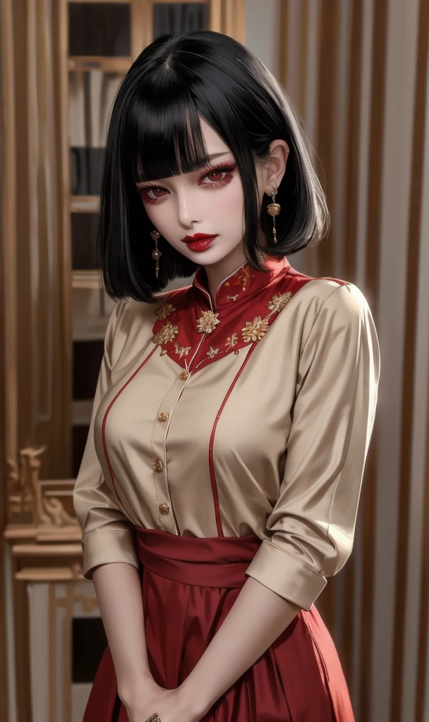 masterpiece, best quality, 32k, insane details, intricate details,
1girl, fashion photography, in style of angura keihime - cut, straight hairin a minimalist Misasakan roomhigh-wistskirtcllaredshirtshort hairstripedblunt bangs
A mature facesideways glance, (cold attitude,eyeshadow,eyeliner:1.1),(red lips:1.5), (Mole under eye:1.0),hand in pocketflower
