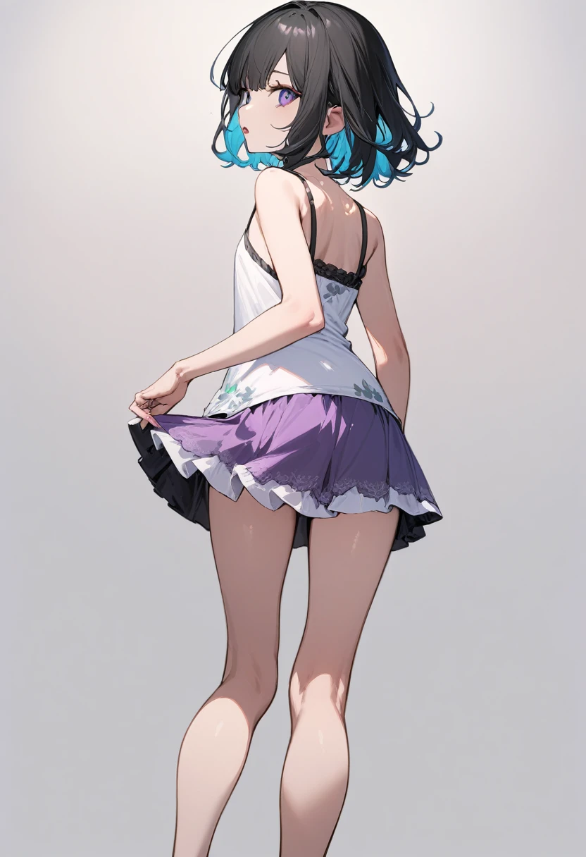 high quality, 最high quality、 Stylish design, (((The cutest girl))), ((Thin legs))、(((最high quality))), High resolution, ((detailed)), ((masterpiece)), ((Super detailed)), -yeld gi(8th life),(camisole、mini skirt),((Black Hair,Inner Color)),((Sexual)),((Turn around))