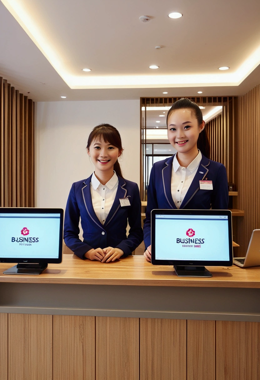 Business hotel front desk。Simple and modern design。On a wooden counter、Computers and phones are neatly arranged。Staff wear formal uniforms、Welcoming customers with a smile。The lobby has comfortable chairs and tables.、Business guests relaxing。The lighting is bright and functional.、Overall it is clean。